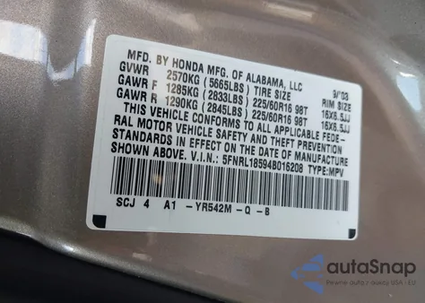 2004 Honda Odyssey Lx from USA, damaged, VIN 5FNRL18594B016208